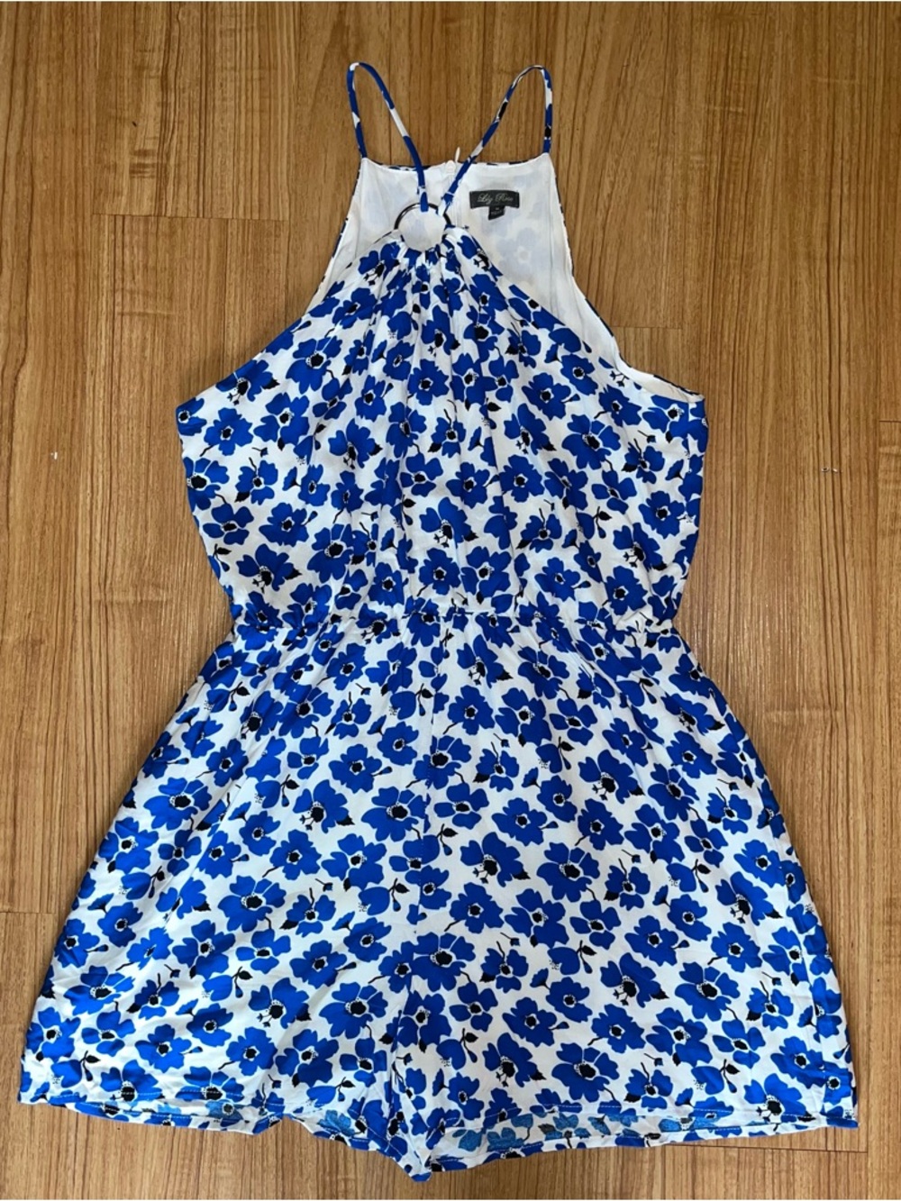***SOLD**Lily Rose Blue and White Floral Halter Top romper with Ring Detail